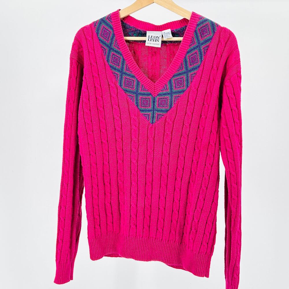 Vintage 80s Leon Levin Fuchsia Ramie Cotton Cable Knit V-Neck Sweater